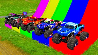 Double Flatbed Trailer Monster Trucks Transport With Slide Color - Cars Vs Speed Bump - Beamng