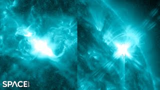 Two Earthfacing sunspots blasting powerful X and M flares, spacecraft views