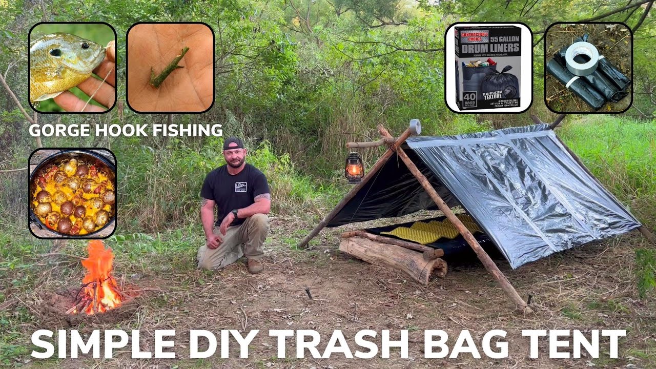 Solo Overnight Building a DIY Trash Bag Tent and Raised Bed in The Woods  and Lil Smokie Hobo Skillet 