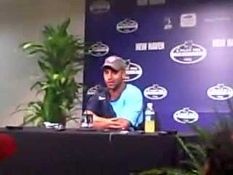 James Blake discusses his victory over friend Marty Fish at the Pilot Pen International Tennis Tournament in New Haven, Conn., Saturday, Aug. 25, 2007