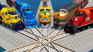 Five Trains vs Crazy Crossing Tracks vs Deepwater - BeamNG.Drive