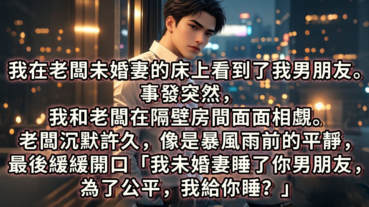 我在老闆未婚妻的床上看到了我男朋友。事發突然，我和老闆在隔壁房間面面相覷。老闆沉默許久，像是暴風雨前的平靜，最後緩緩開口，「我未婚妻睡了你男朋友，為了公平，我給你睡？」我？#小说 #故事 #情感