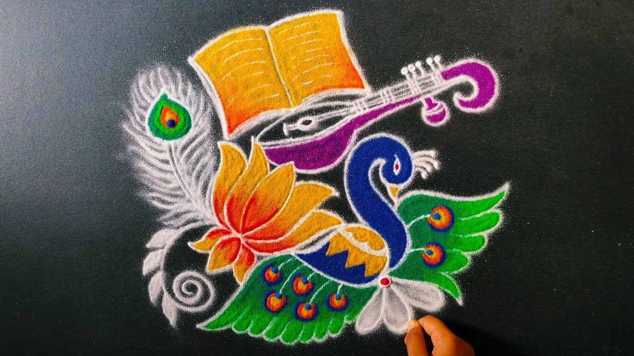 Vasanta Panchami special rangoli | Saraswathi puja rangoli | Festivals kolam | Veena rangoli design 
