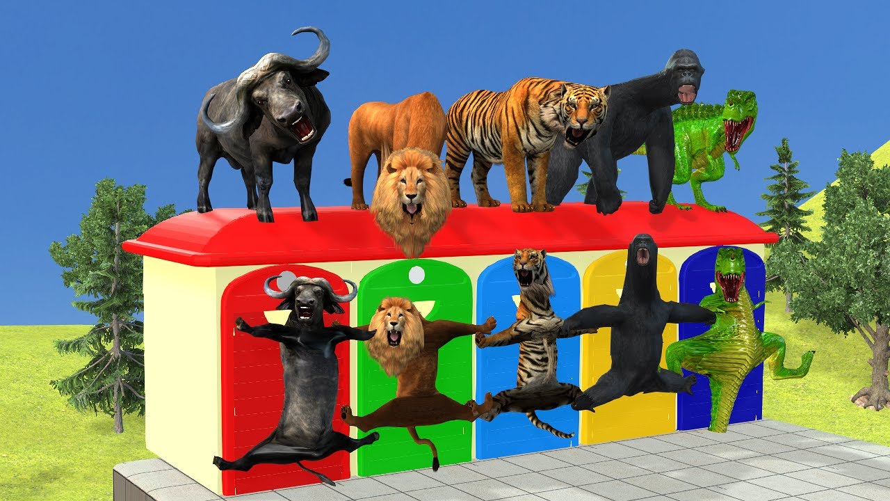 Long Slide Game With Cow Elephant Gorilla Hippopotamus Tiger - 3d Animal Game - Funny 3d Animals