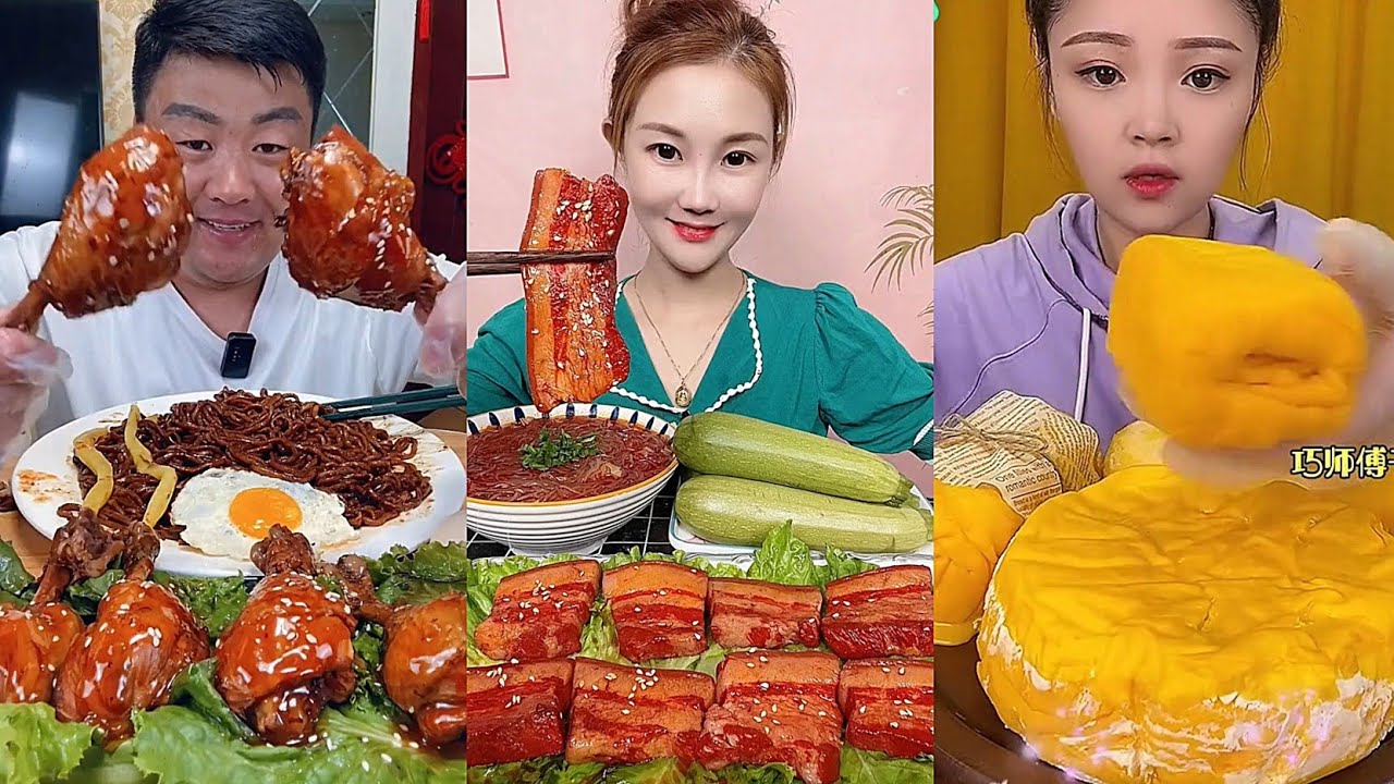 [ASMR] Eating Black bean noodles, zucchini, mango cake | 짜파게티, 동파육, 삶은 애호박, 망고케이크 | Mukbang | 중국 먹방