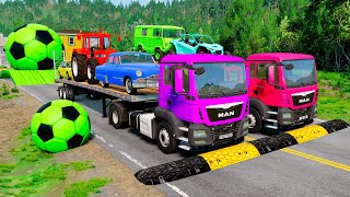 Double Flatbed Trailer Truck vs Speedbumps Train vs Cars | Tractor vs Train Beamng.Drive 010