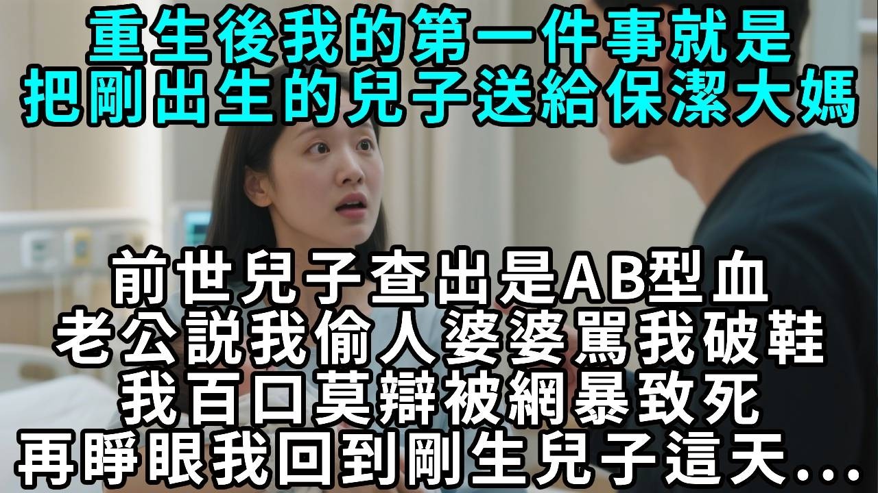 重生後我的第一件事，就是把剛出生的兒子送給保潔大媽。前世兒子查出是AB型血，老公說我偷人，婆婆罵我破鞋，我百口莫辯被網暴致死。再睜眼，我回到剛生下兒子這天。