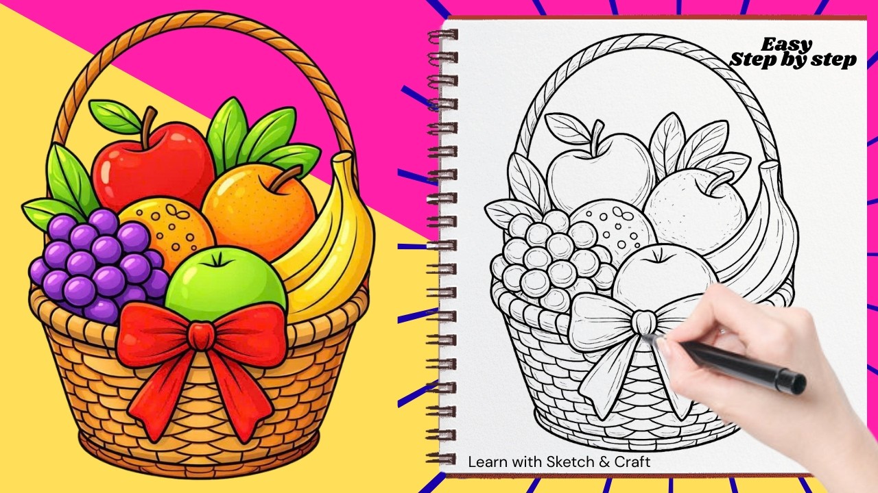 Easy Fruit Basket Drawing 🍎🍌 | Step by Step Coloring for Beginners | Cute Sketch Tutorial