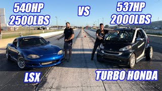 **EPIC RACE Battle** TURBO Honda K-Swap SmartCar Vs V8 LS3 Miata! Import Tuner Vs Domestic Tuner!