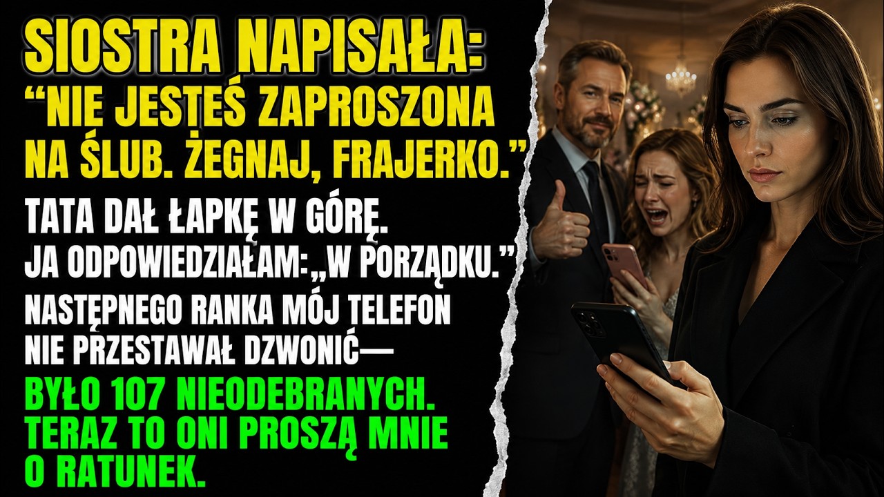 Podczas spotkania w pracy dostałam SMS-a od siostry: "Nie jesteś zaproszona na ślub. Żegnaj frajerko." Mój ojciec zareagował kciukiem w górę. Odpisałam tylko "W porządku", ale w środku coś we mnie...