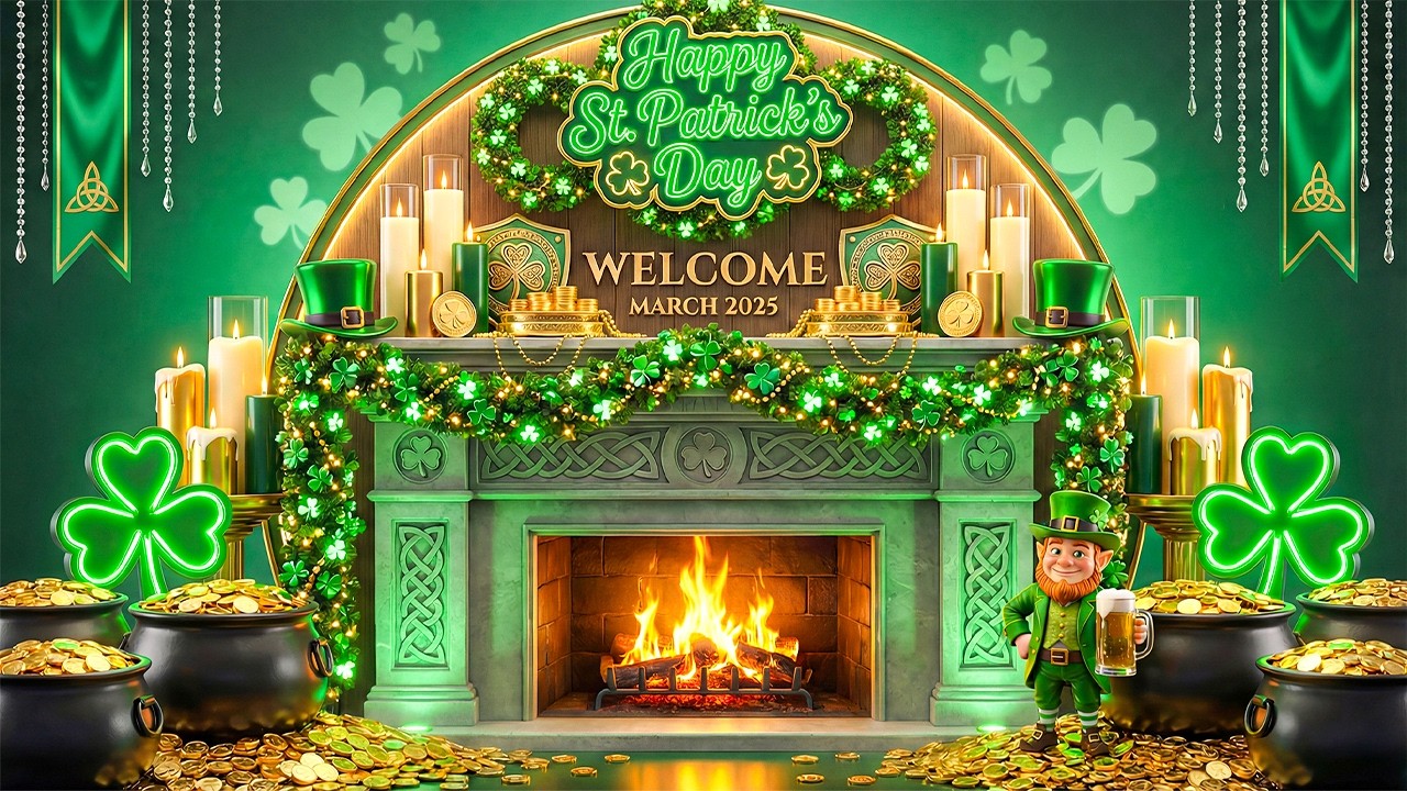 Beautiful St Patrick’s Day Fireplace Ambience🍀St Patricks Day Background Music🔥Crackling Fireplace