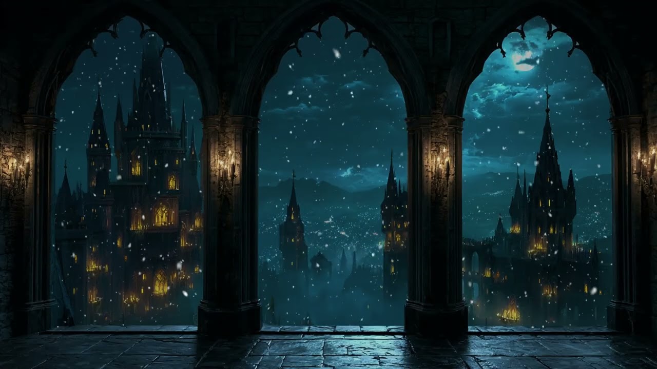 Hogwarts Snowy Night at the Castle Window | Calm Winter Ambience and Soft Wind Sounds for Study