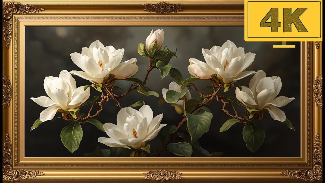4K TV WALLPAPER Elegant White Magnolia Flowers | Classic Floral Fine Art Painting