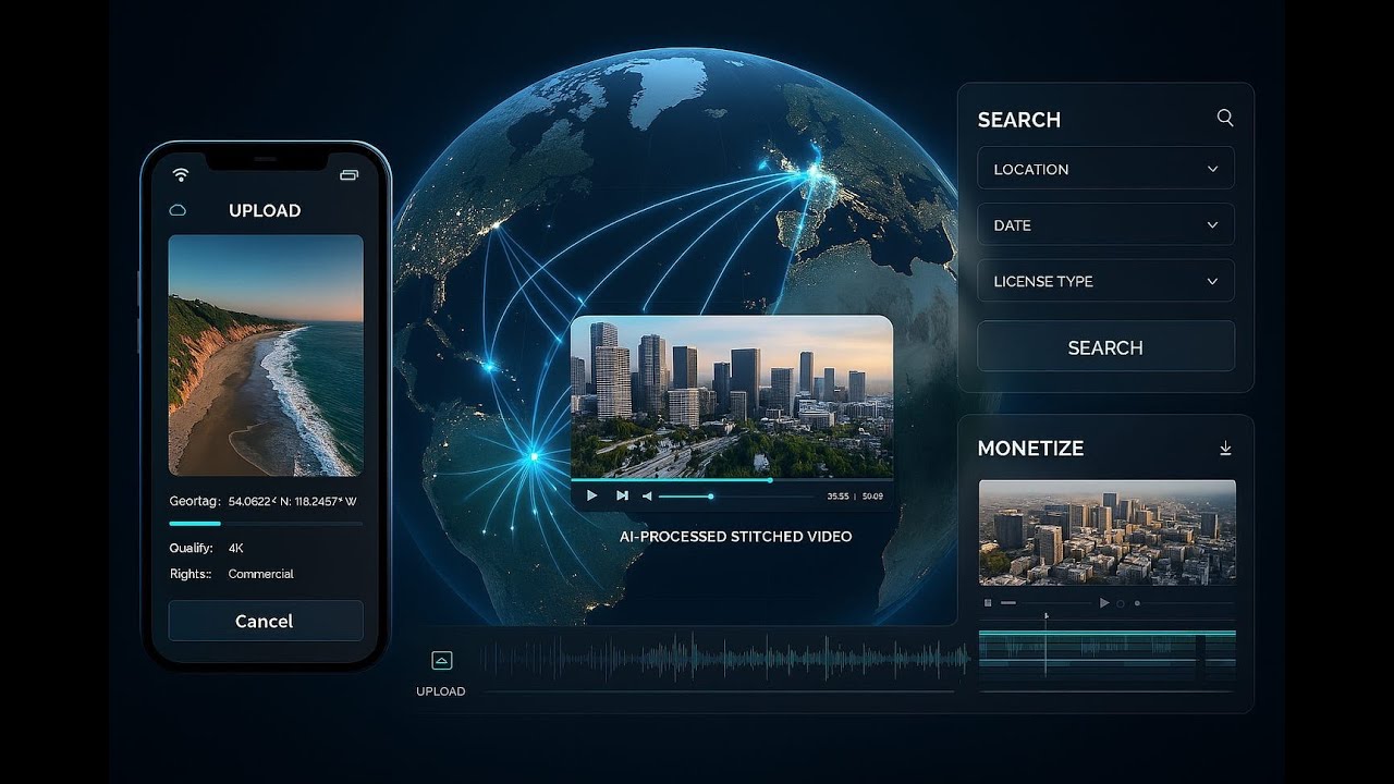Open Aerial: A Crowdsourced Aerial Media Drone Footage Platform with AI Stitching & Monetization