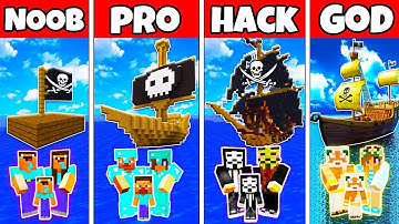 Minecraft: FAMILY PIRATE BOAT SHIP HOUSE BUILD CHALLENGE - NOOB vs PRO vs HACKER vs GOD in Minecraft