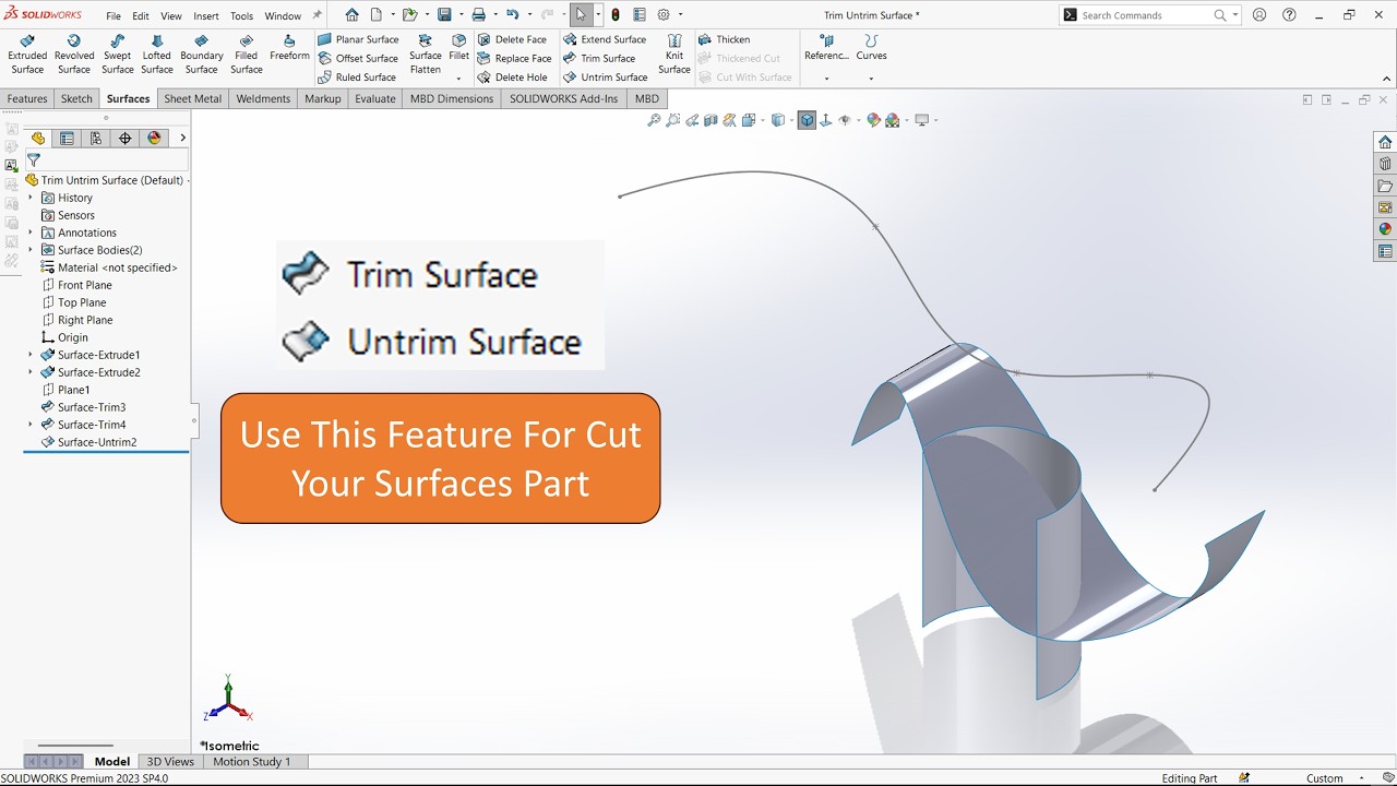 Surfaces Tutorial - Trim Surface & Untrim Surface In Solidworks - YouTube