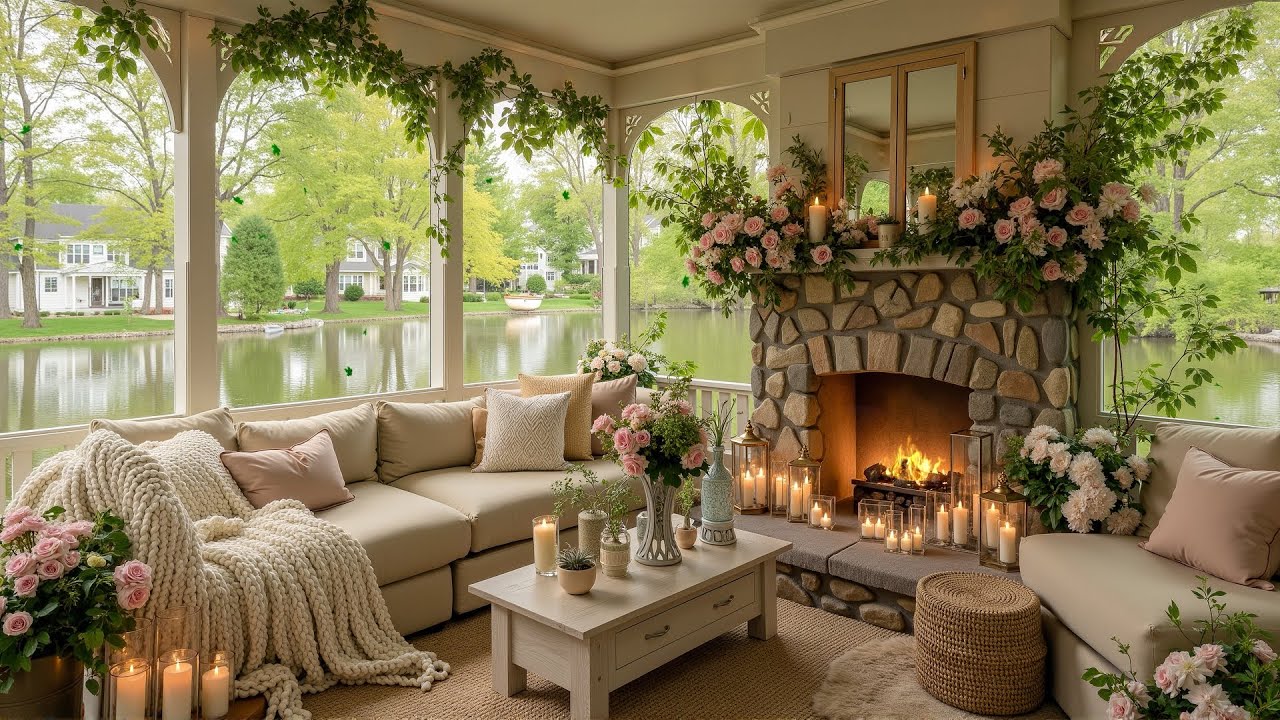 Gentle Piano Spring Morning 🌿 Cozy Porch, Blooming Flowers & Lake View for Deep Relaxation