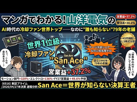【マンガで決算分析】営業益+37.2%・3部門揃って二桁三桁増益・配当4年3.1倍｜山洋電気(6516) 2026年3月期