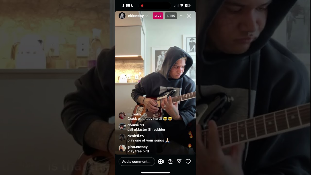 ekkstacy showing his guitar collection and playing guitars on an instagram live (3/17/25)