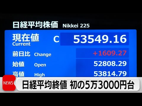日経平均終値 初の5万3000円台 史上最高値更新　長期金利一時2.160％