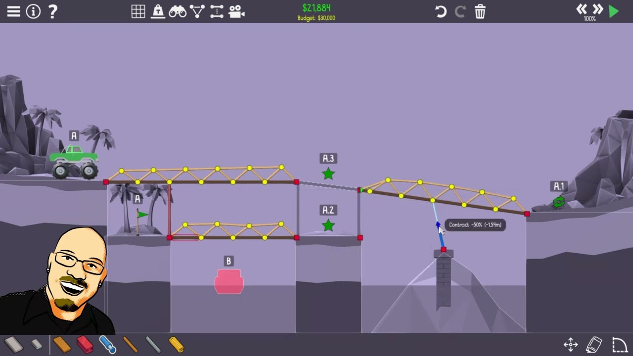 Poly Bridge 2: Level 2-06 Roundabout - A mathematician builds a cheap bridge