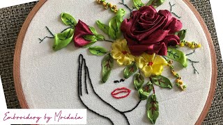 Beautiful Face with flower hand embroidery design using ribbon and thread embroidery | Hoop art