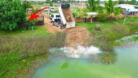 The Most Video! Landfill in Flooded by dump truck 5T unloading soil & bulldozer push soil into Water