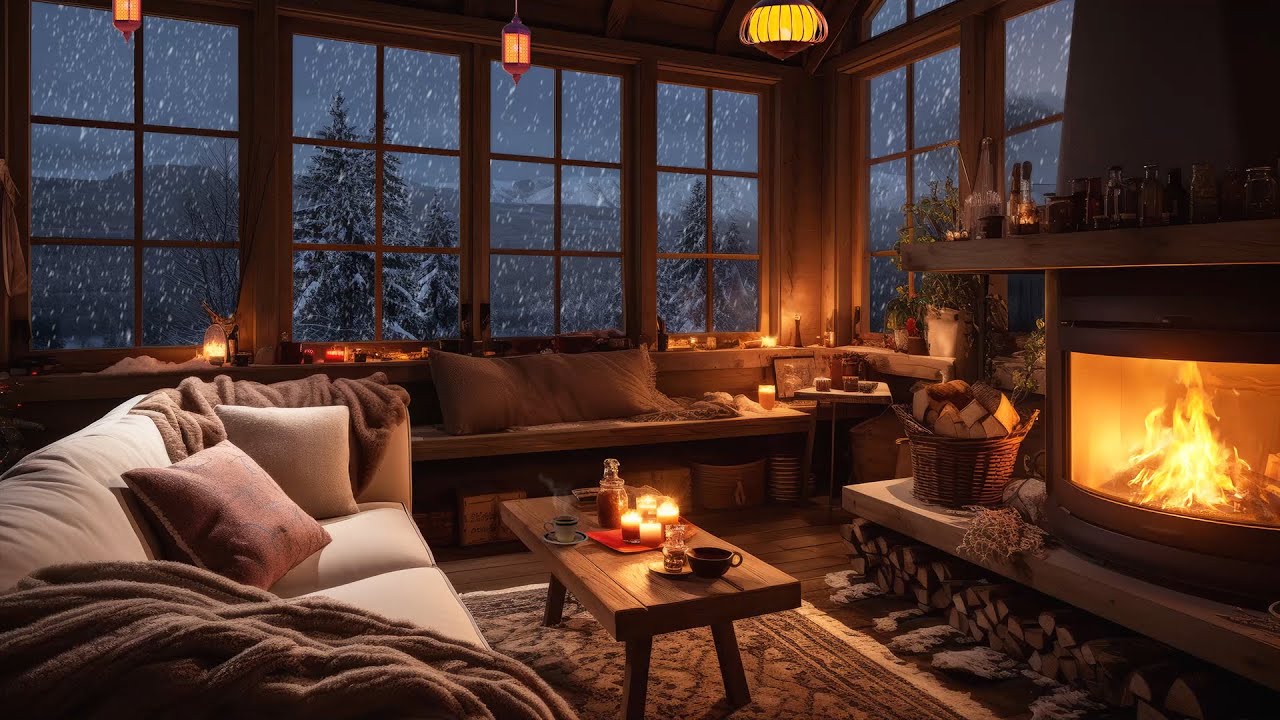 Cozy Cabin Ambience 😪 Snowstorm Sounds with Fireplace Crackling Howling ...