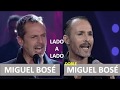 Miguel Bosé y su doble - lado a lado, cantando Olvídame tú, Nena y Libre ya de amores.