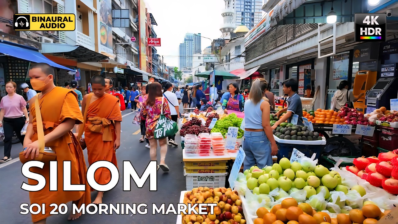 Bangkok Silom Soi 20 Morning Market 🇹🇭 4K HDR Binaural Audio 🎧