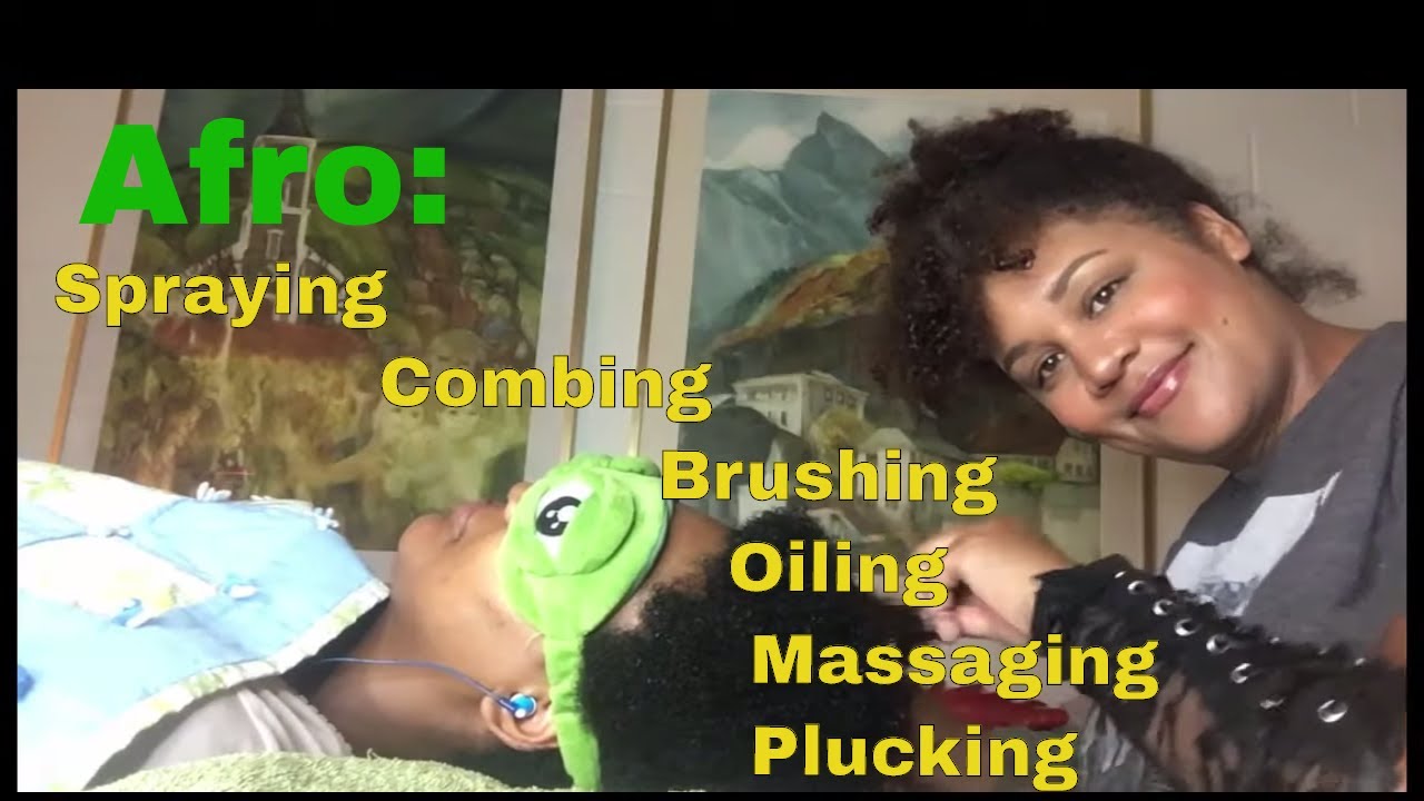ASMR AFRO Combing Brushing Oiling Pluck! Head Massage~Minimal Whispering