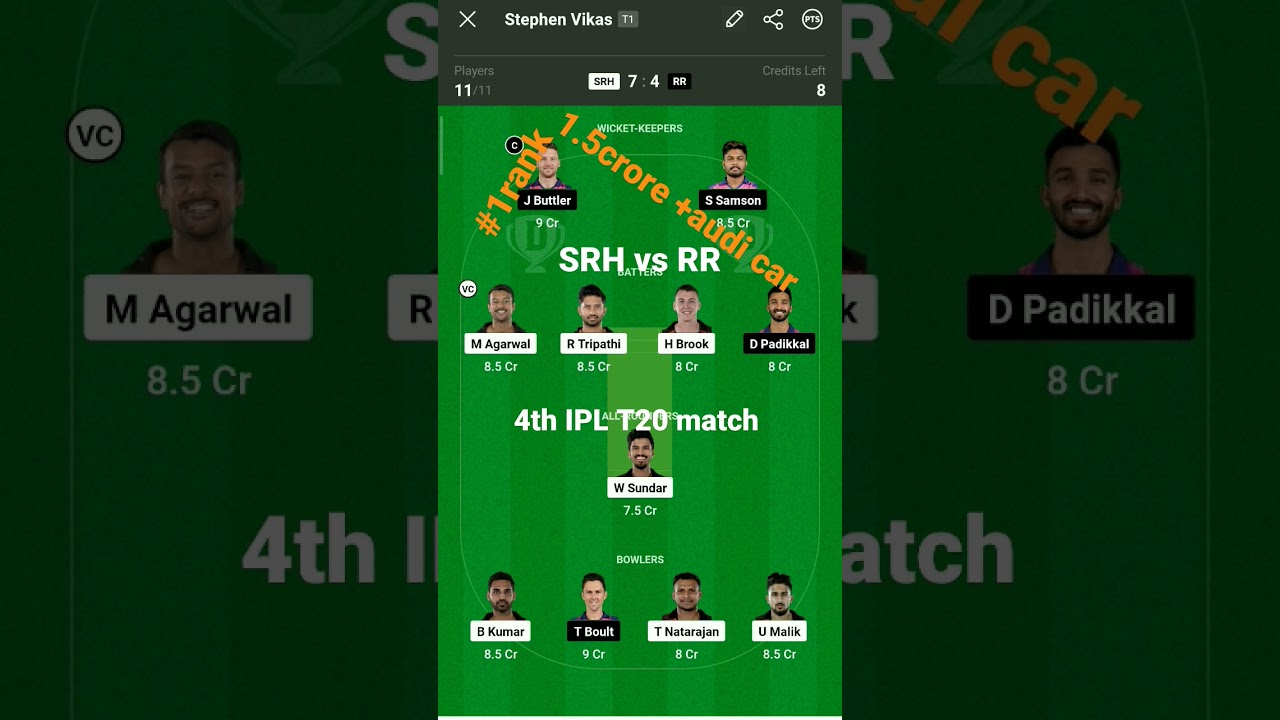 SRH vs RR dream11 prediction || 4th IPL T20 today's live match 