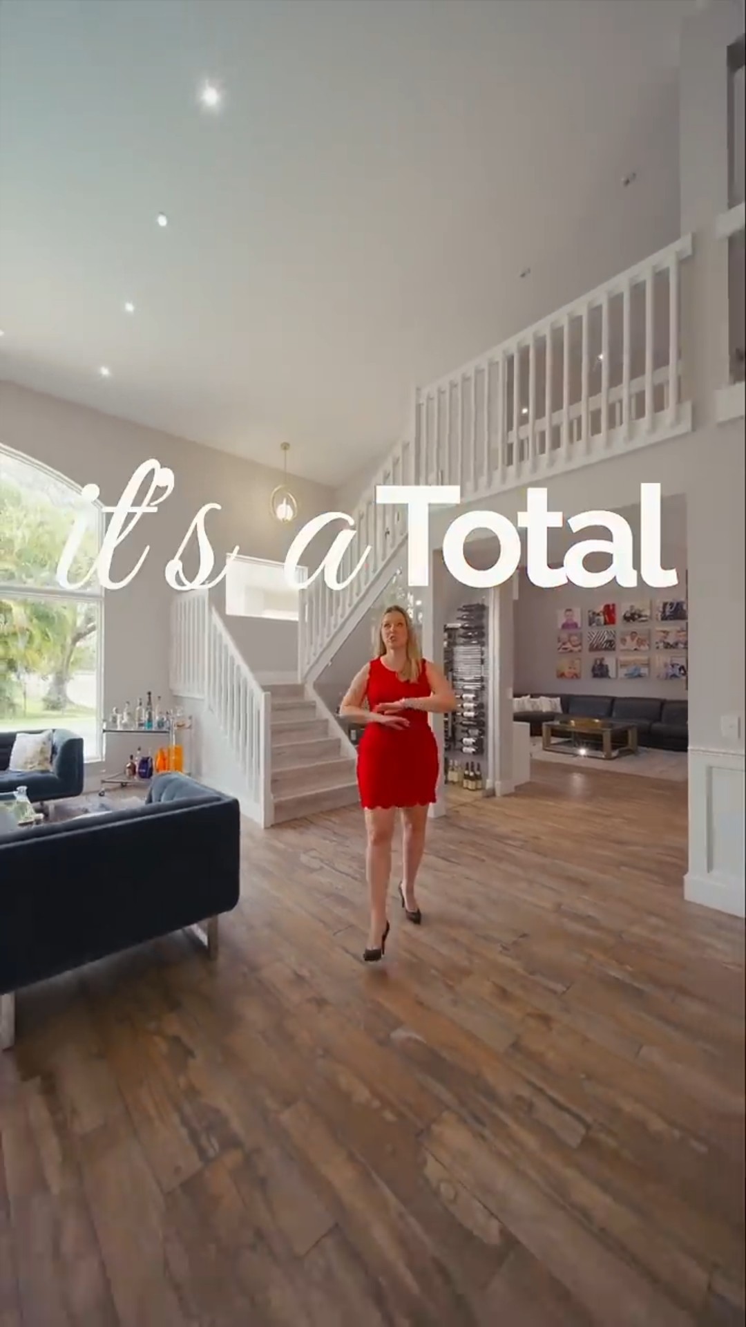 Real estate video with ultra-realistic effects transforming a home, featuring a walkthrough of the living room and staircase