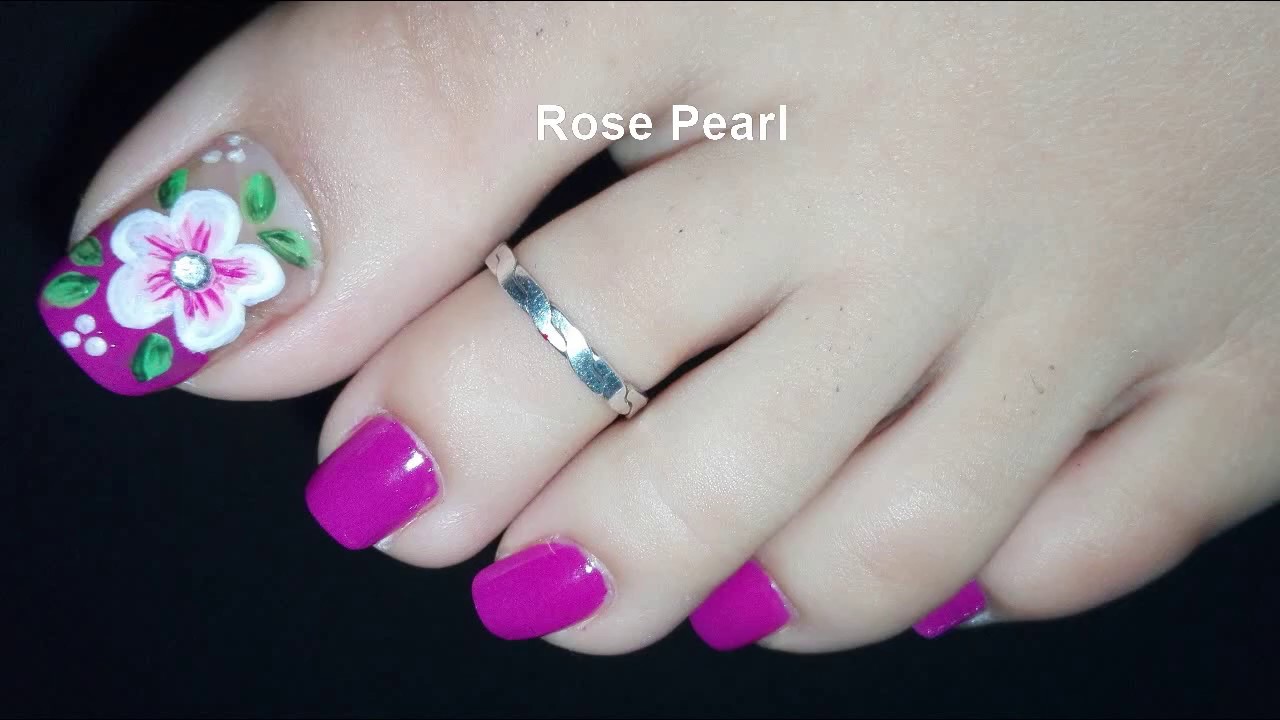 Fuchsia Flowers French Pedicure Nail Art Tutorial Spring And Summer Toe Nail Art Rose Pearl