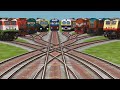 9 Trains Crossing By Curved Branched Railroad Tracks | Train Simulator classic game video