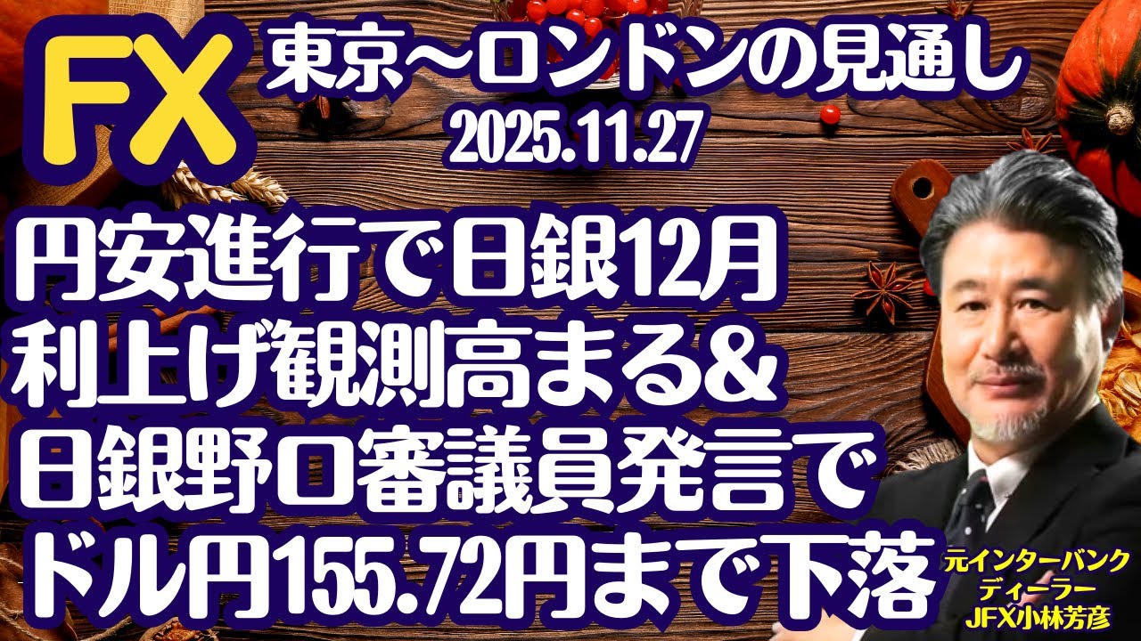 【為替】11/27 円安進行で日銀12月利上げ観測高まる&日銀野口審議員発言でドル円155.72円まで下落。本日ドル円は156.20円で売り方針
