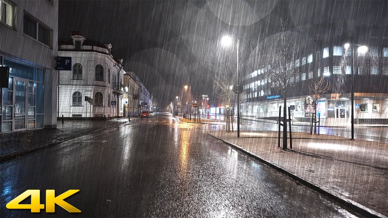 Night Rain City Walk in Växjö, Sweden - 4K Slow TV