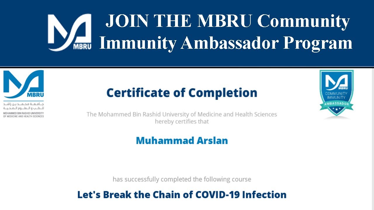 Lets Break The Chain COVID-19 Infection | Become Ambassador Spread Awareness | MBRU Free Course