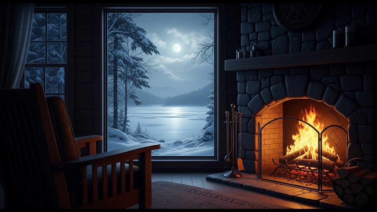 Cozy Fireplace Night in Snow Cabin ❄️🔥 Moonlit Frozen Lake Ambience for Deep Sleep & Relaxation