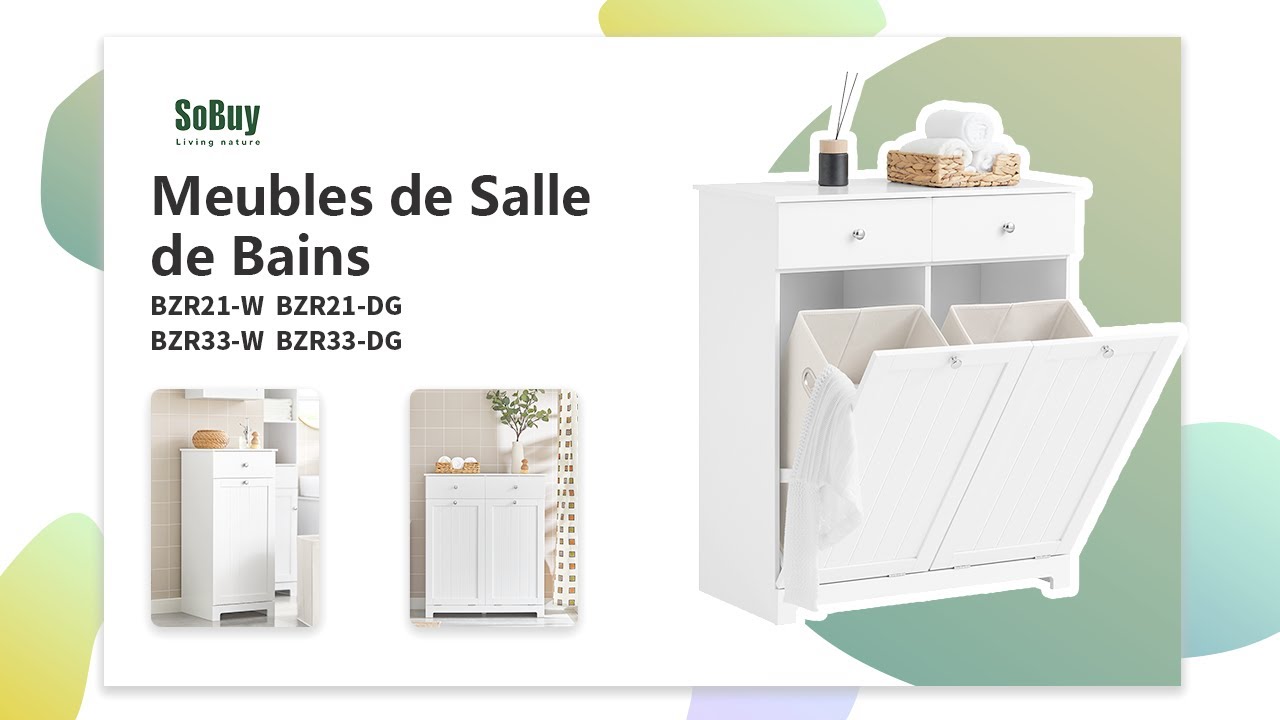 SoBuy BZR21-W, Meuble de rangement de salle de bain avec tiroir et panier à  linge, 40 x 38 x 90 cm, blanc