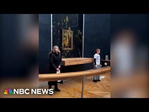 Protesters throw soup at the glass in front of the 'Mona Lisa'