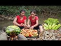 Cooking shrimp in watermelon with Peppers sauce Eating Delicious - Survival cooking in forest