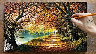 How to paint a landscape with acrylics /#120/ A tree-lined road by the lake / Acrylic painting