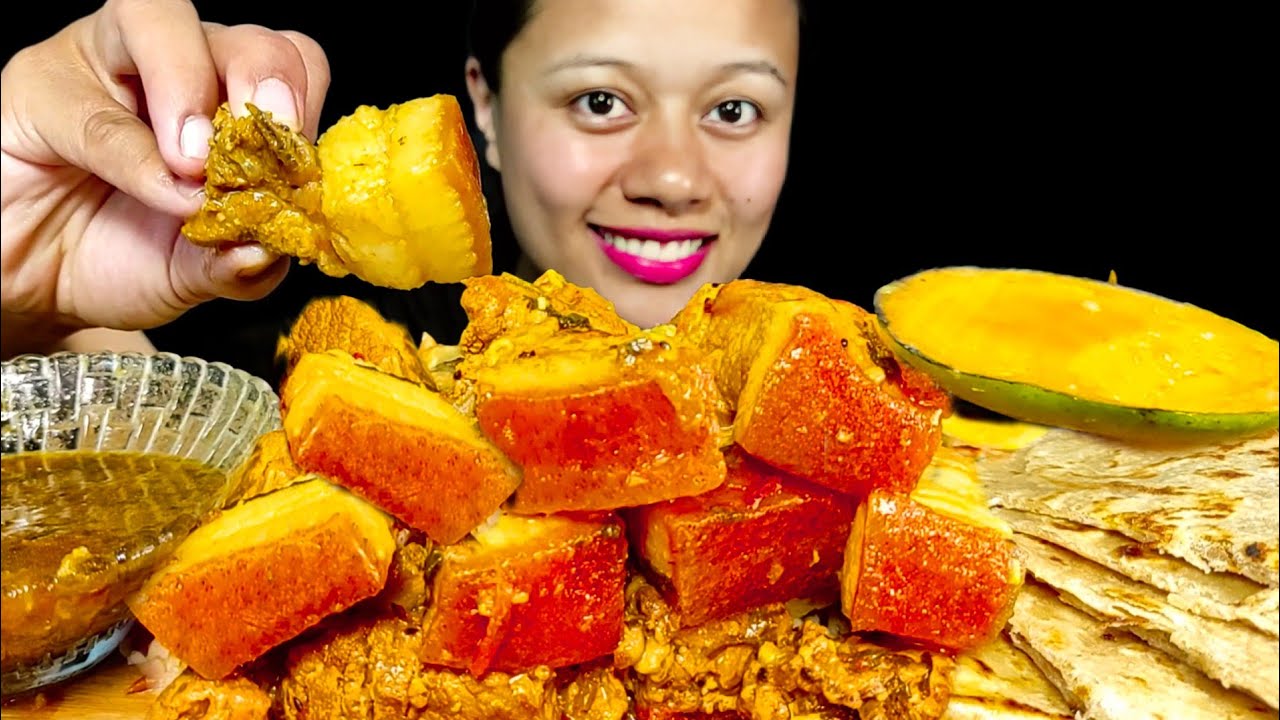 SPICY FATTY PORK CURRY, GHEE ROTI, SPICY PORK GRAVY, MANGO AND RICE MUKBANG ASMR 🔥🔥 MUKBANG