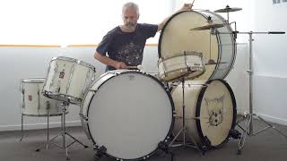 Drumfuckery No.266White Ghost Kit, Vintage Bass Drums, Drum Kit Made Of Old Premier Marching Drums