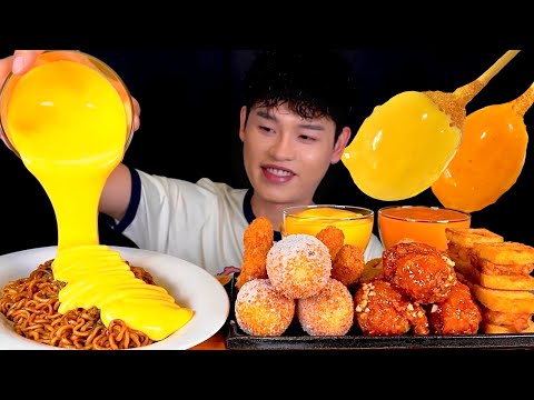 ASMR 치즈폭탄 짜파게티와 설탕핫도그 양념닭다리 새우스틱 먹방Cheese Black Bean Noodles With Corn Dog Sweet Chicken Leg MuKBang