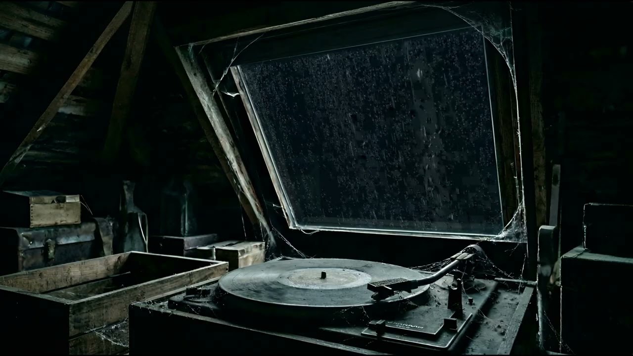 Stopped vintage record player in an abandoned dark attic | Liminal Space Ambience
