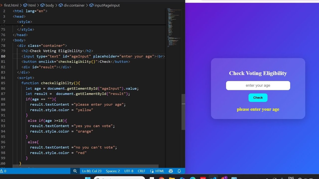 Check Voting Eligibility Using If Else in JavaScript||🚀 JavaScript Mini ...