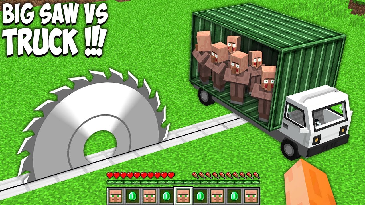 Can the VILLAGERS SURVIVE INSIDE TRUCK VS THE BIGGEST SAW in Minecraft ? TROLLING VILLAGERS !