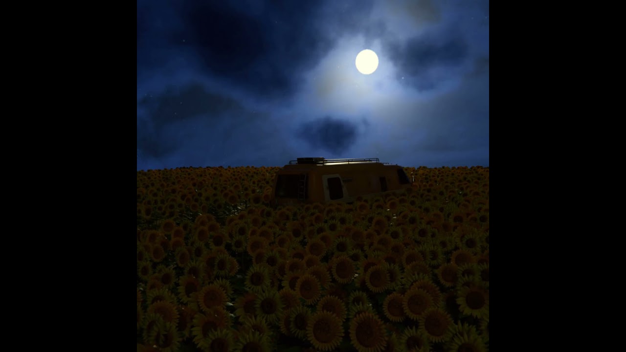 Van in a Field of Sunflowers At Night | Looping Animation 